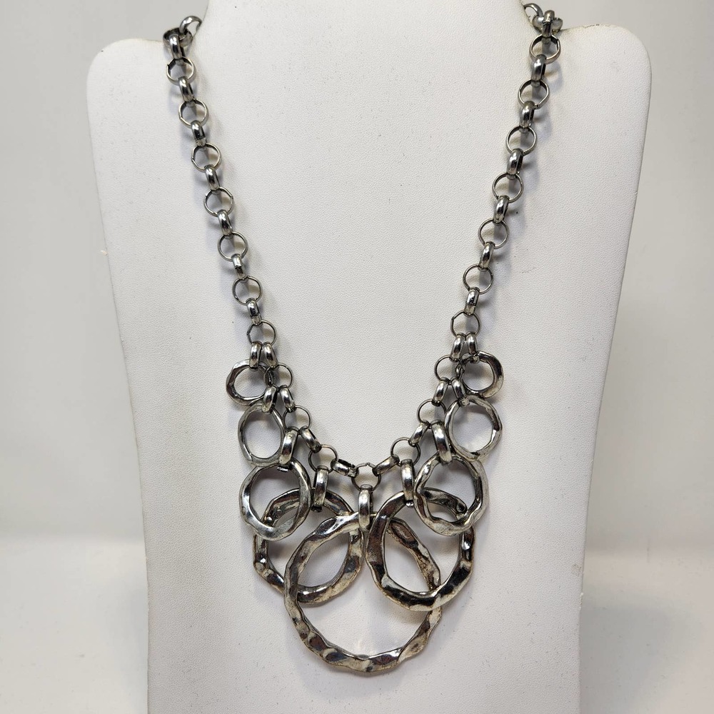 Silver Tone Chain Hammered Concentric Circles Necklace Fashion Jewelry Statement